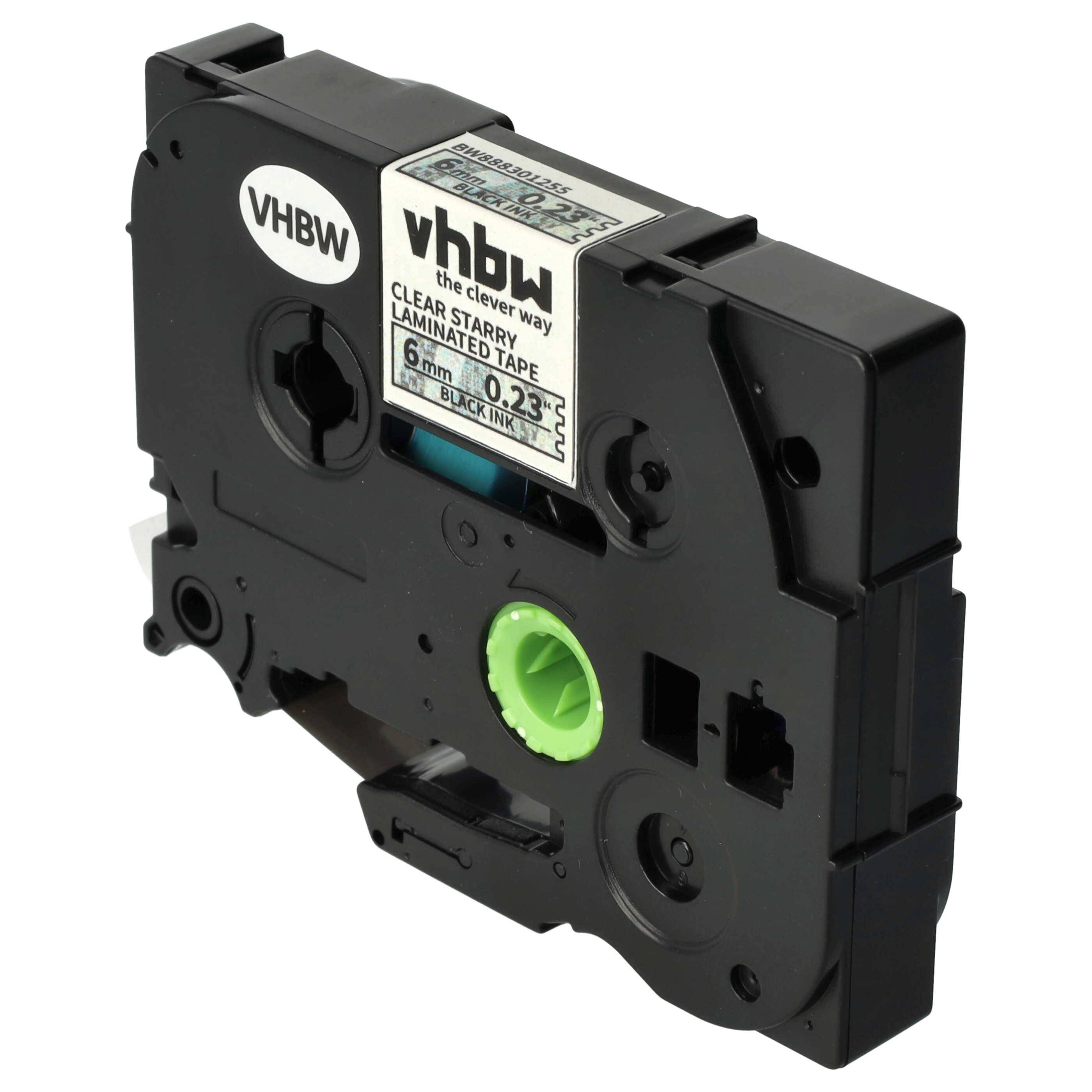 vhbw Schriftband-Kassette kompatibel mit Brother PT H100LB, H100R, E100VP Etiketten-Drucker 8m x 6mm Schwarz auf Transparent (Glitter), Laminiert
