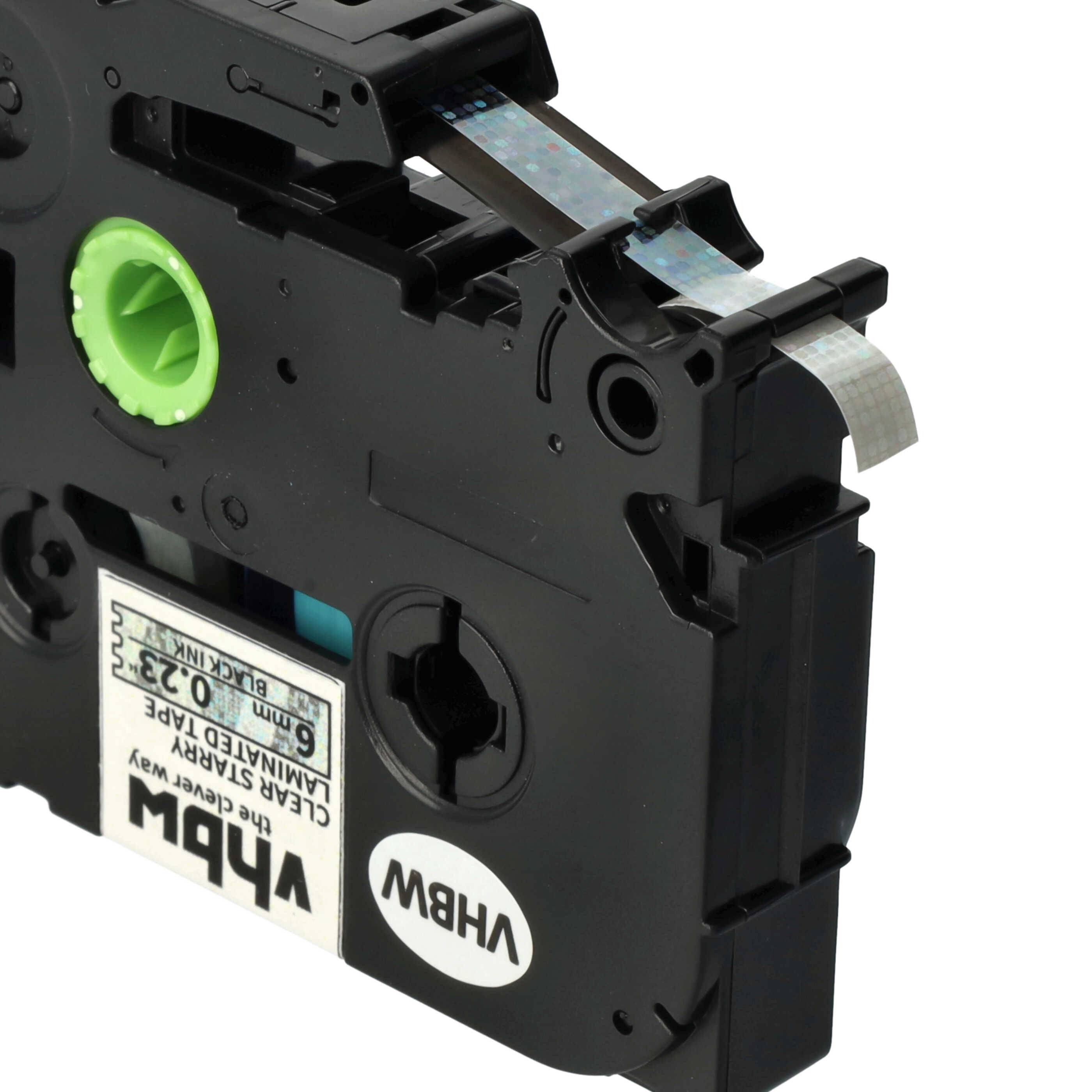 vhbw Schriftband-Kassette kompatibel mit Brother PT 9600, 9400, D400, 9000 Etiketten-Drucker 8m x 6mm Schwarz auf Transparent (Glitter), Laminiert