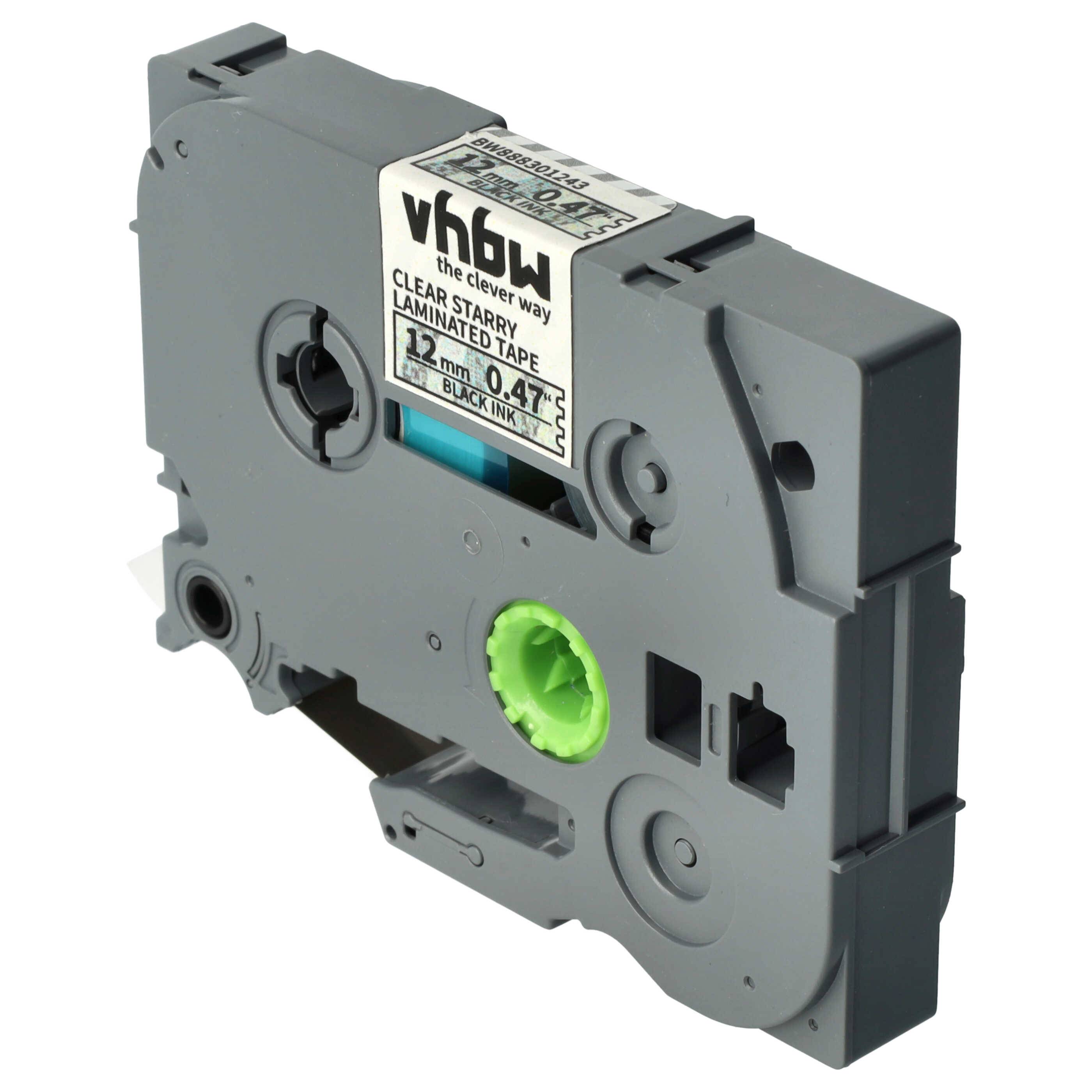 vhbw Schriftband-Kassette kompatibel mit Brother PT 350P, 3600, 350, 330 Etiketten-Drucker 8m x 12mm Schwarz auf Transparent (Glitter), Laminiert