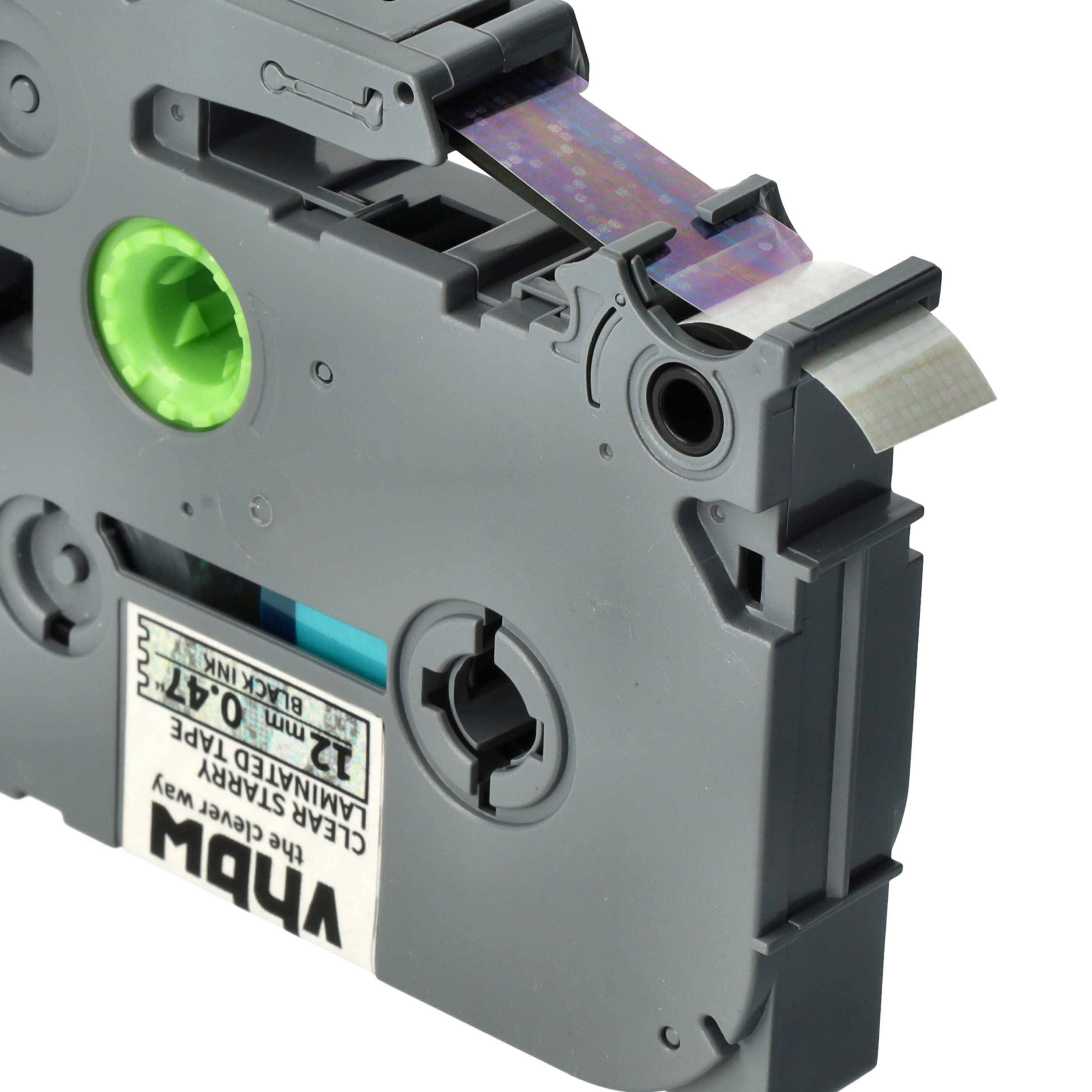 vhbw Schriftband-Kassette kompatibel mit Brother PT 1180HK, 1190, 1200 Etiketten-Drucker 8m x 12mm Schwarz auf Transparent (Glitter), Laminiert