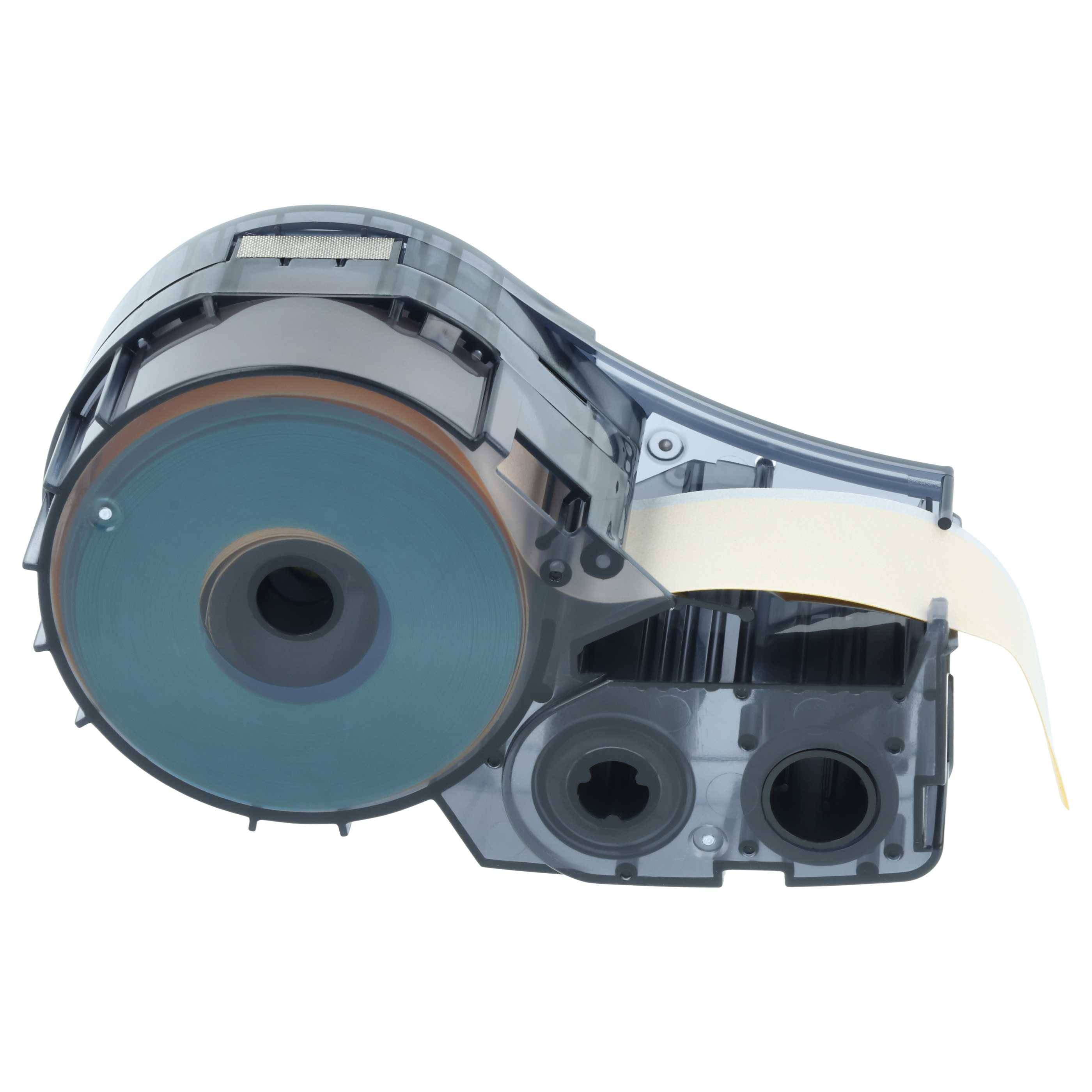 Eine transparente, Kunststoff-Bandkassette mit sichtbarem Band, bei der die Zahnradmechanismen an der Seite erkennbar sind und die für Etikettendruck-Maschinen verwendet wird.