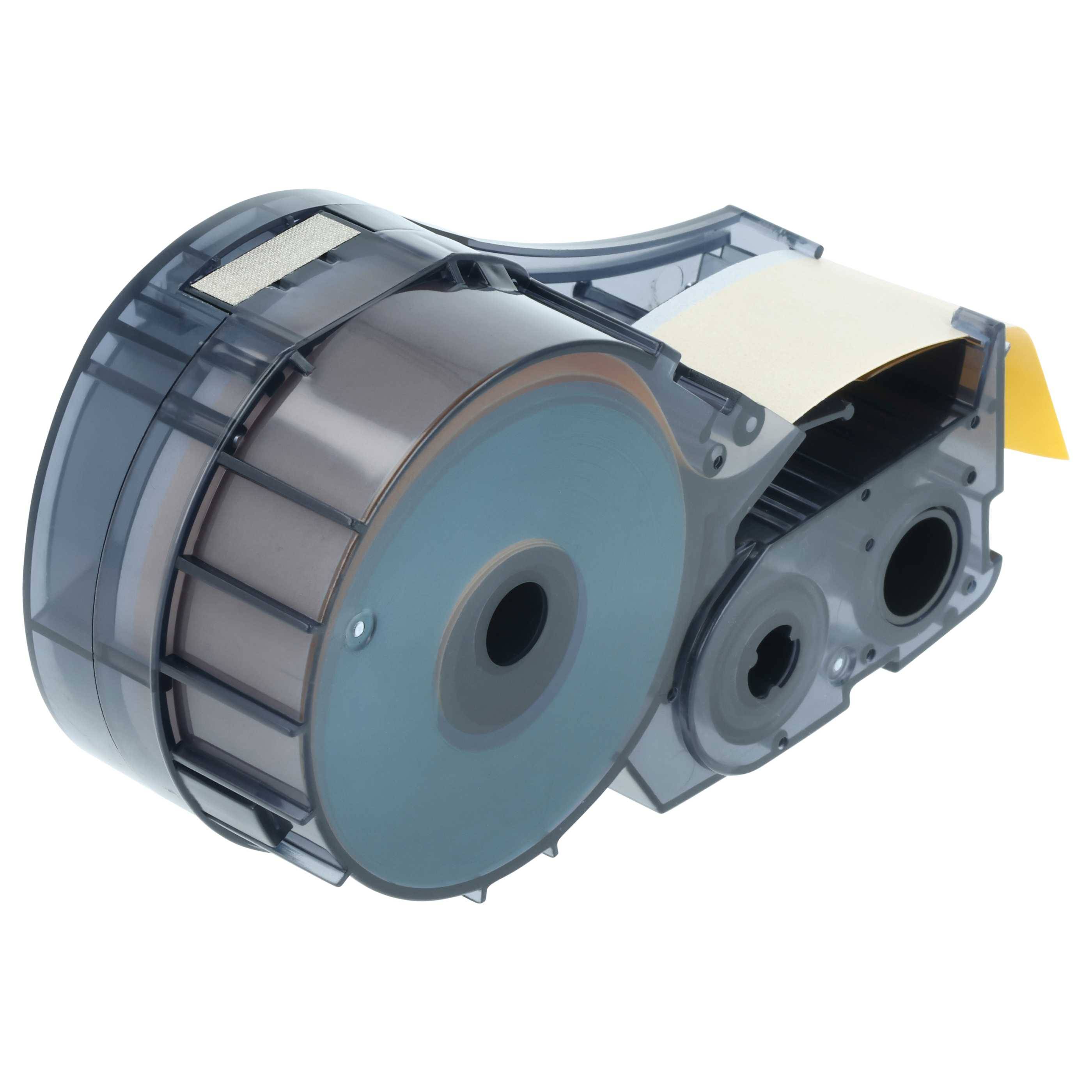 Eine transparente Bandhülse mit sichtbaren Innenkomponenten, verwendet zum Beschriften oder Drucken, mit einem gelben Reiter für einfaches Einsetzen.