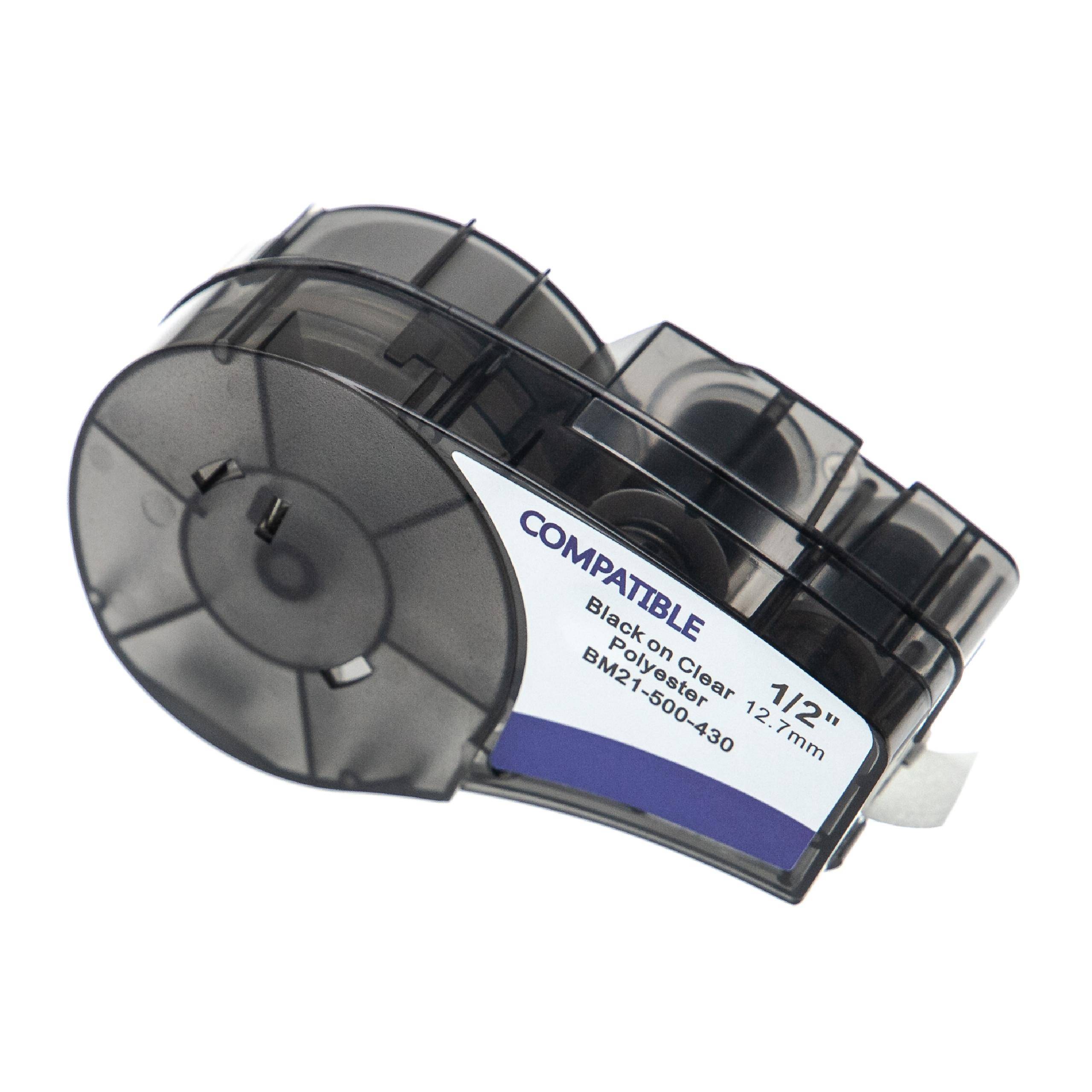 vhbw Schriftband-Kassette kompatibel mit Brady BMP21-LAB, BMP21-PLUS, BMP21 Etiketten-Drucker 6,4m x 12,7mm Schwarz auf Transparent, Polyester