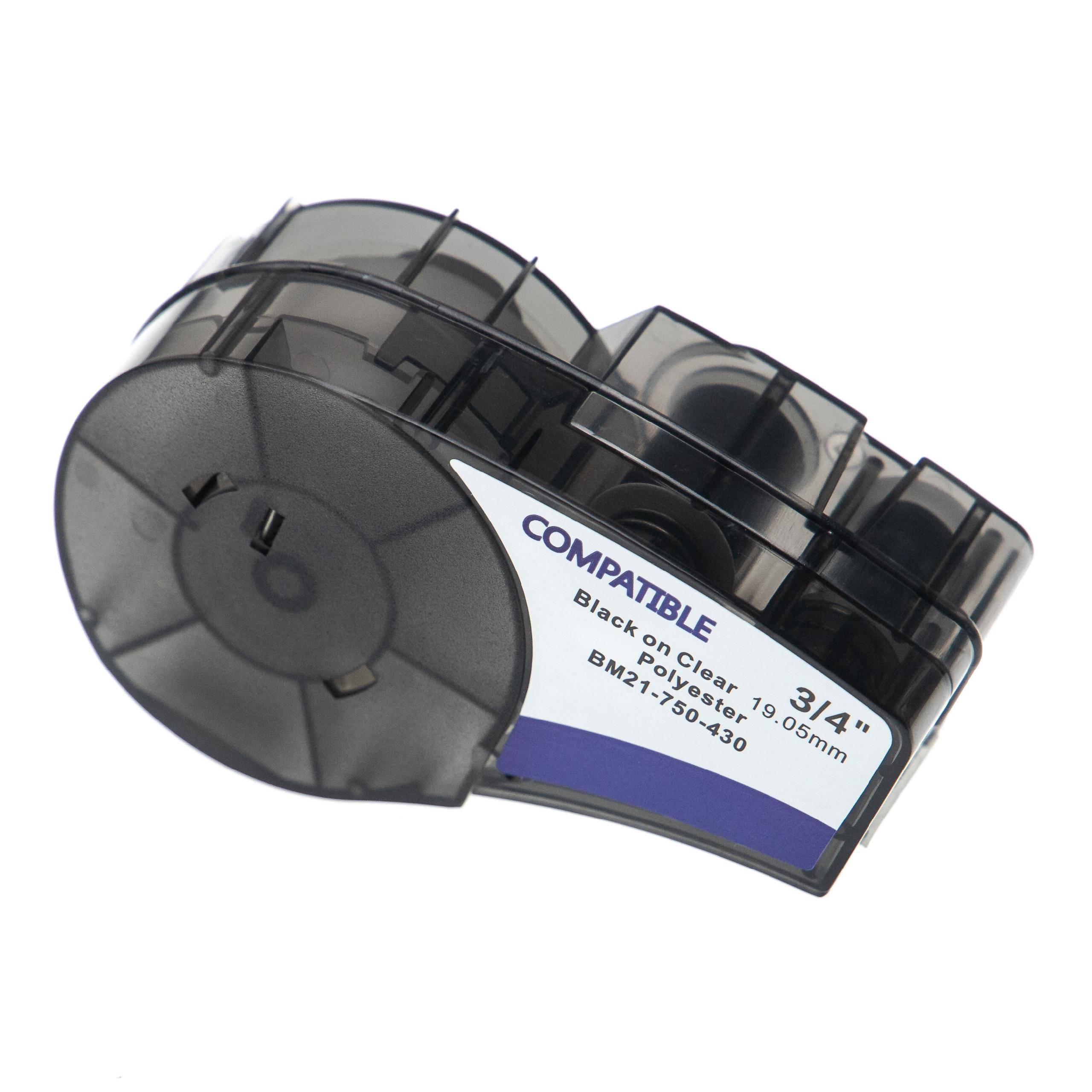 vhbw Schriftband-Kassette kompatibel mit Brady ID PAL, M210, M210-LAB, LABPAL Etiketten-Drucker 6,4m x 19,05mm Schwarz auf Transparent, Polyester