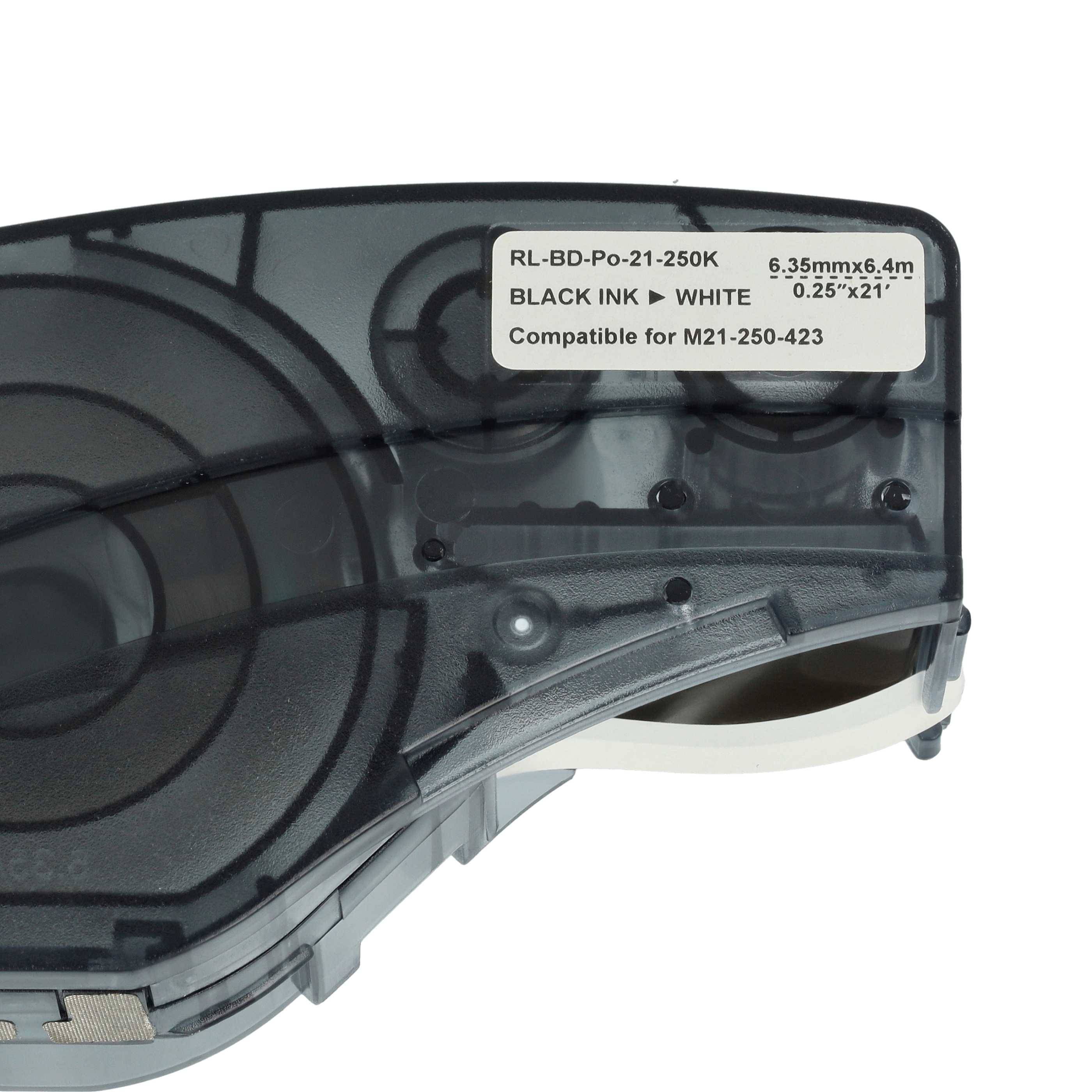 vhbw Schriftband-Kassette kompatibel mit Brady BMP21-LAB, BMP21-PLUS, ID PAL, BMP21 Etiketten-Drucker 6,4m x 6,35mm Schwarz auf Weiß, Polyester