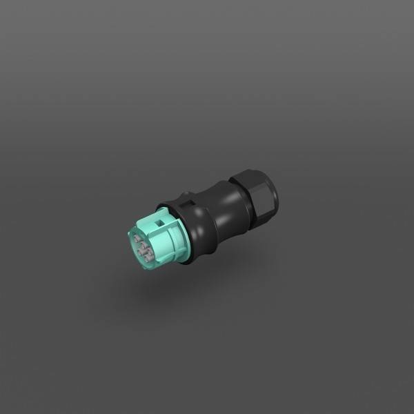 Schwarzer zylindrischer Elektrostecker mit türkisfarbenem Multi-Pin-Stecker auf grauem Hintergrund.