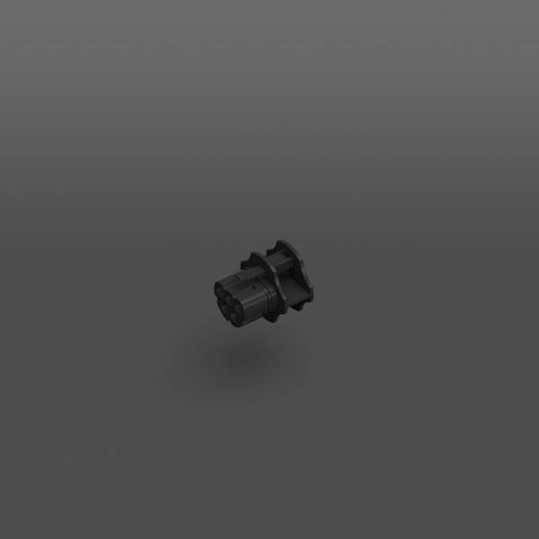 Kleine schwarze mechanische Steckverbindungskomponente, die vor einem einfachen grauen Hintergrund schwebt.