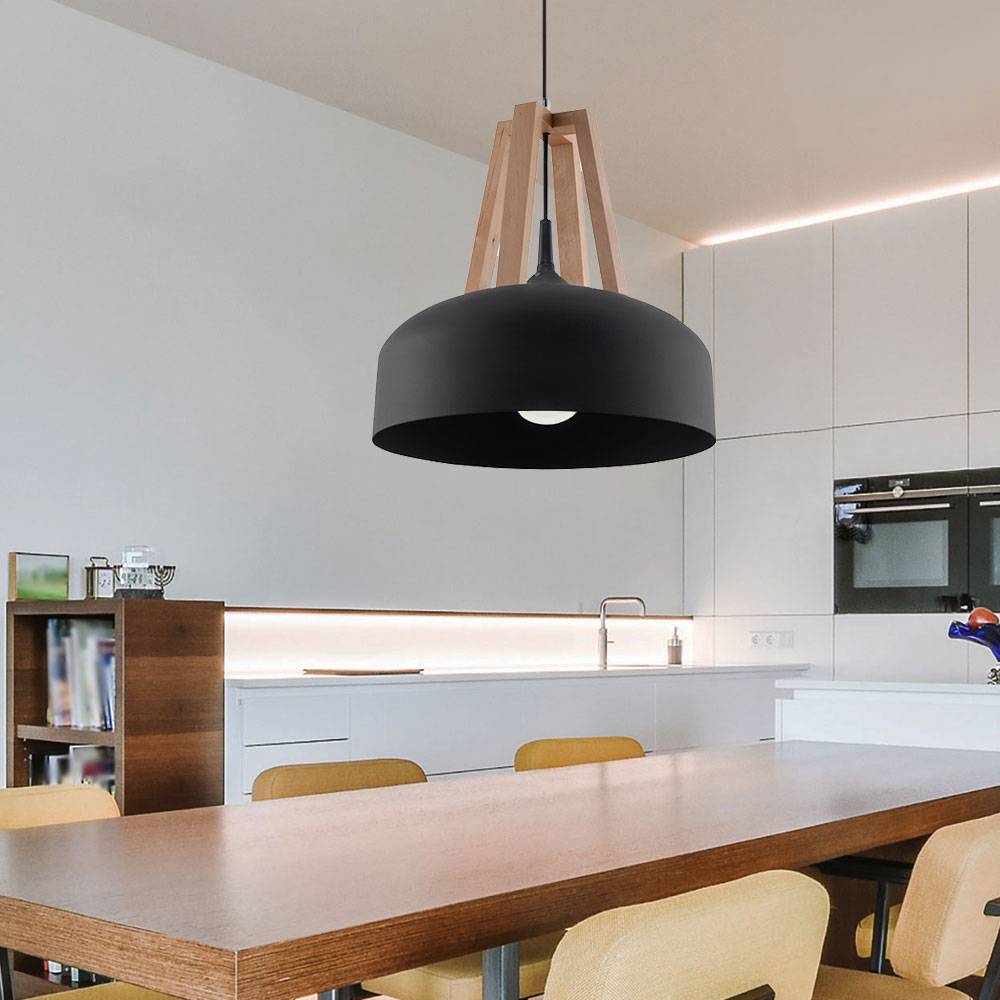 Pendelleuchte schwarz Hängeleuchte natur Holz Wohnzimmerlampe Decken Hängelampe, Metall rund,1x E27, DxH 30x100 cm