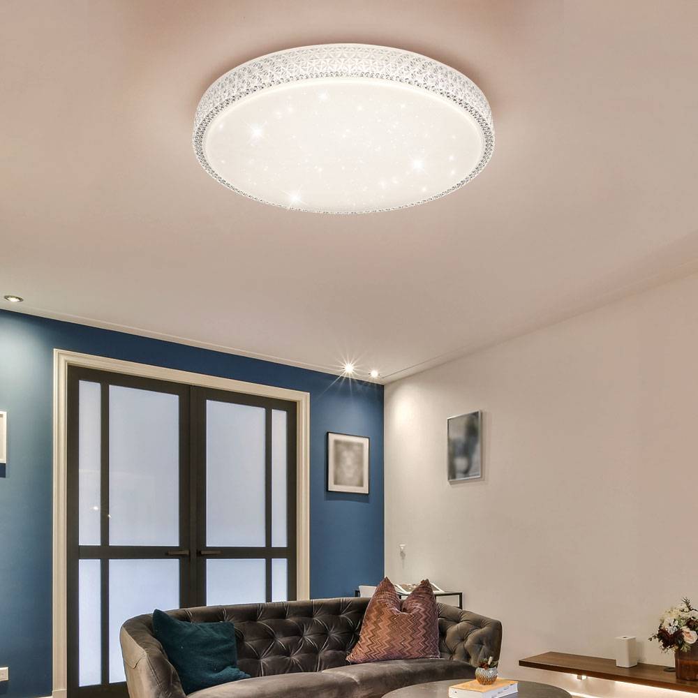 Deckenleuchte mit Fernbedienung Deckenlampe dimmbar Kristalle Kristallleuchte Sterneneffekt, CCT, Metall weiß, LED 40W 3200Lm warmweiß-kaltweiß,
