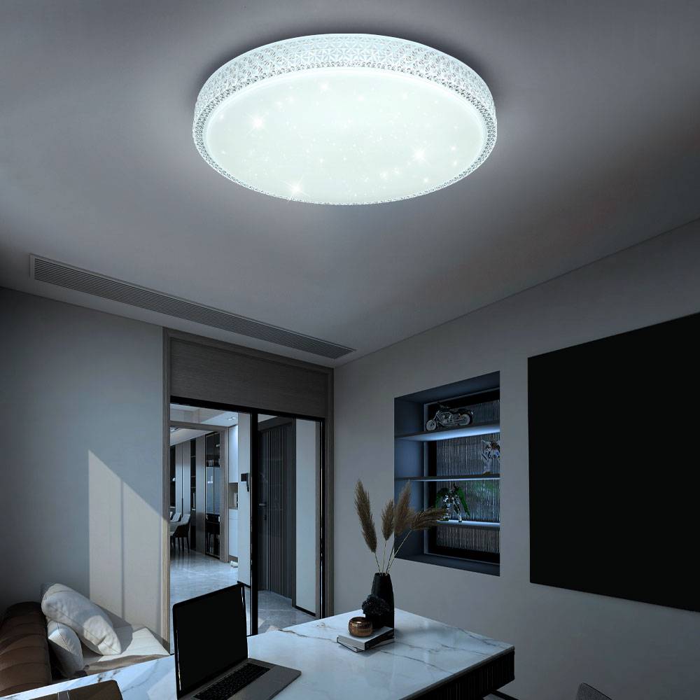 Deckenlampe Deckenleuchte Schlafzimmerlampe Wohnzimmer, Sterneneffekt CCT dimmbar Fernbedienung, Metall Kristalle weiß, 1x LED 40W 3200Lm warmweiß-k