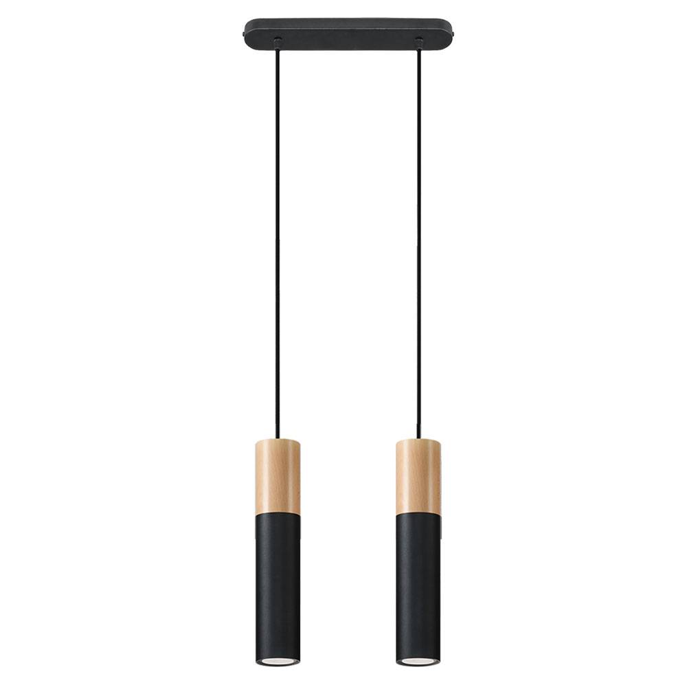 Pendelleuchte schwarz Metall Hängeleuchte schwarz Zylinder Hängelampe mit Holz, aus Stahl, 2x GU10, LxBxH 34x8x100 cm