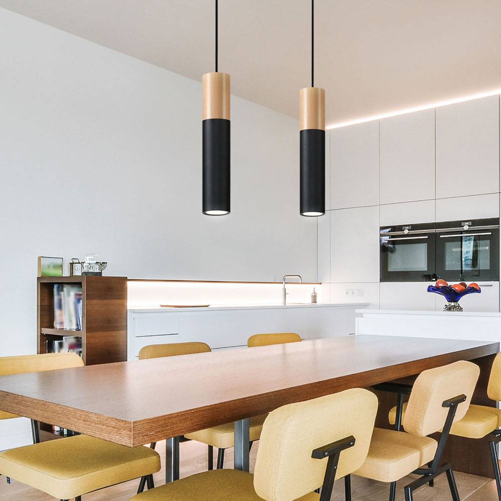 Pendelleuchte schwarz Metall Hängeleuchte schwarz Zylinder Hängelampe mit Holz, aus Stahl, 2x GU10, LxBxH 34x8x100 cm