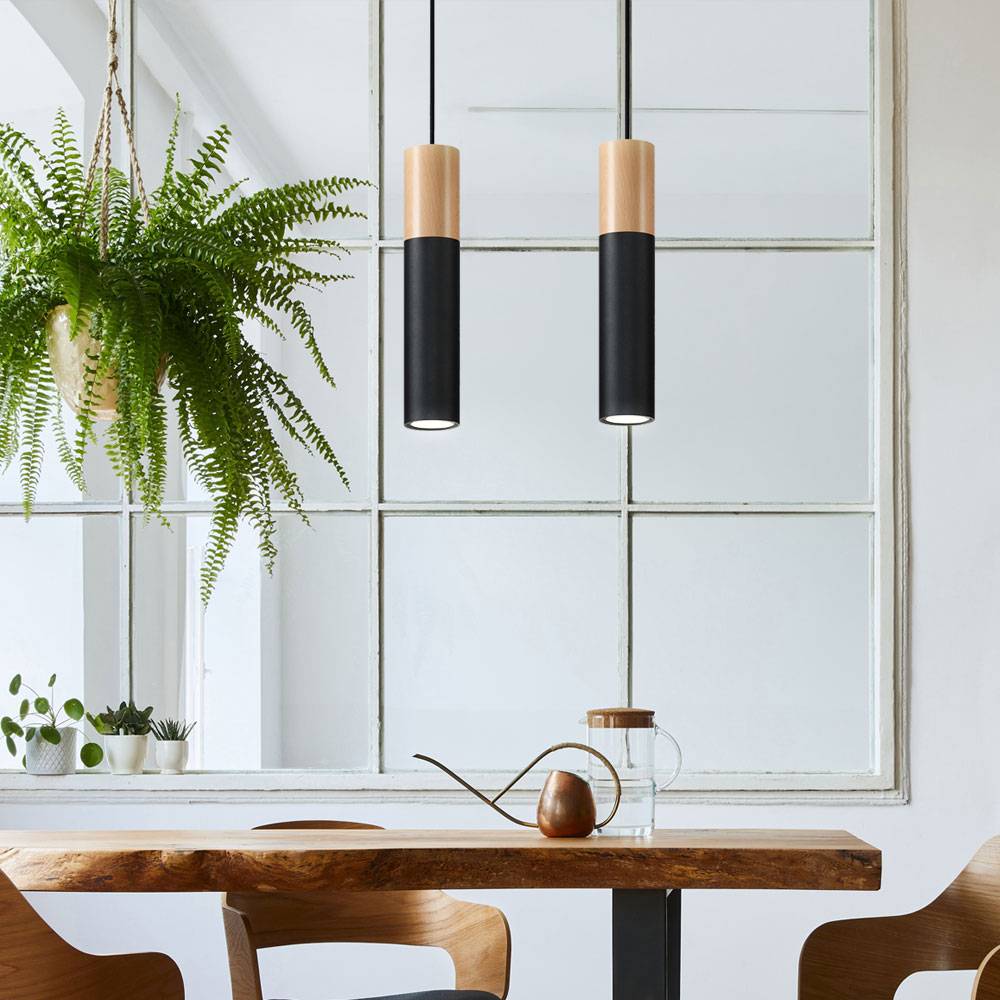 Pendelleuchte schwarz Metall Hängeleuchte schwarz Zylinder Hängelampe mit Holz, aus Stahl, 2x GU10, LxBxH 34x8x100 cm