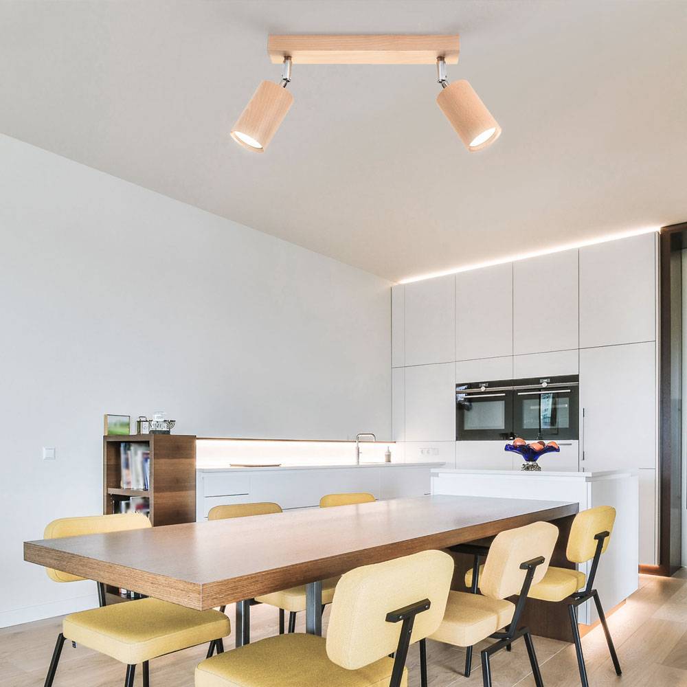 Deckenleuchte 2 flammig modern Deckenspot Spotlampe Deckenstrahler verstellbar Holz, Strahler braun natur, 2x GU10, L 30 cm, Wohnzimmer