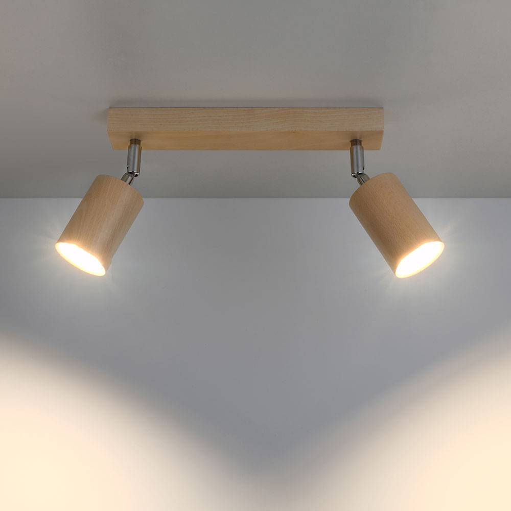 Deckenleuchte 2 flammig modern Deckenspot Spotlampe Deckenstrahler verstellbar Holz, Strahler braun natur, 2x GU10, L 30 cm, Wohnzimmer