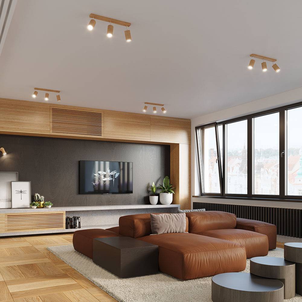 Deckenleuchte 2 flammig modern Deckenspot Spotlampe Deckenstrahler verstellbar Holz, Strahler braun natur, 2x GU10, L 30 cm, Wohnzimmer