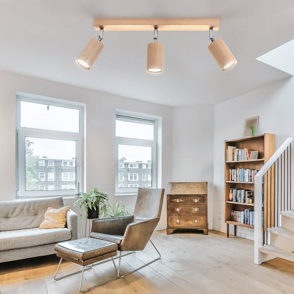 Deckenleuchte 3-flammig modern Deckenspot Wohnzimmer mit verstellbar Spot aus Holz, Strahler braun natur, 3x GU10, L 45 cm, Esszimmer