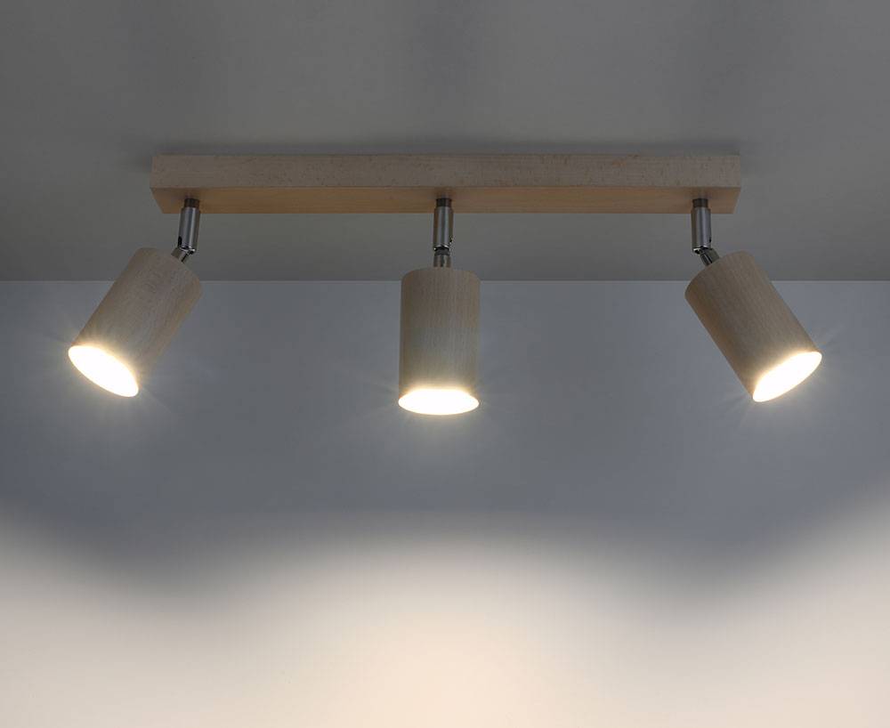 Deckenleuchte 3-flammig modern Deckenspot Wohnzimmer mit verstellbar Spot aus Holz, Strahler braun natur, 3x GU10, L 45 cm, Esszimmer