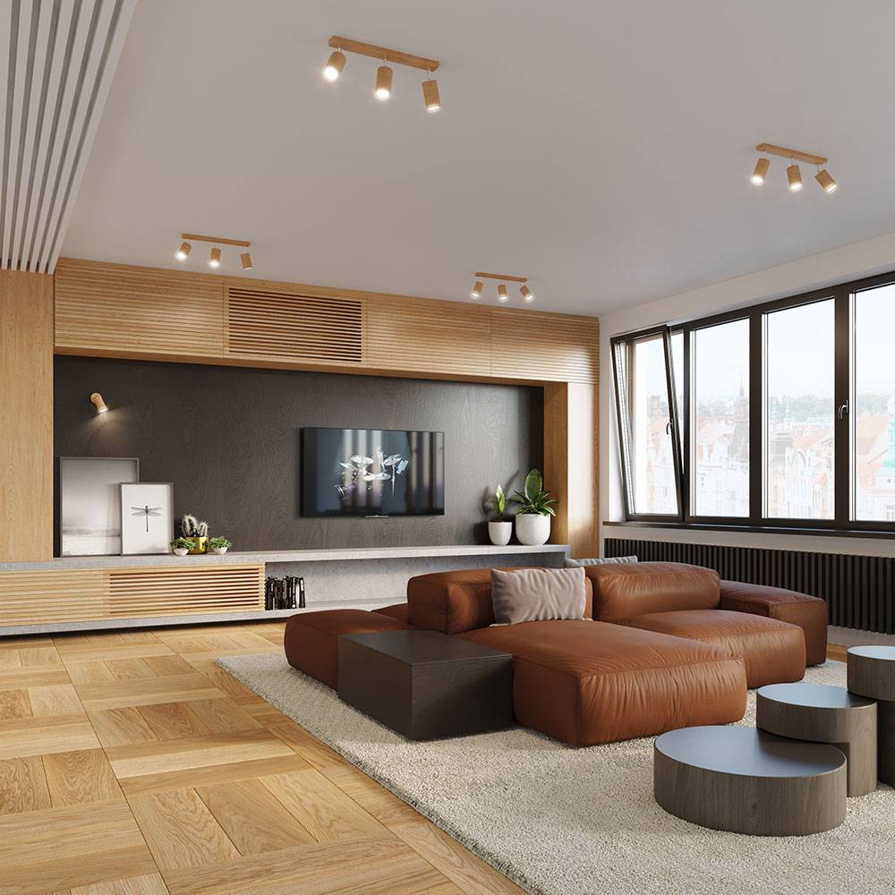 Deckenleuchte 3-flammig modern Deckenspot Wohnzimmer mit verstellbar Spot aus Holz, Strahler braun natur, 3x GU10, L 45 cm, Esszimmer