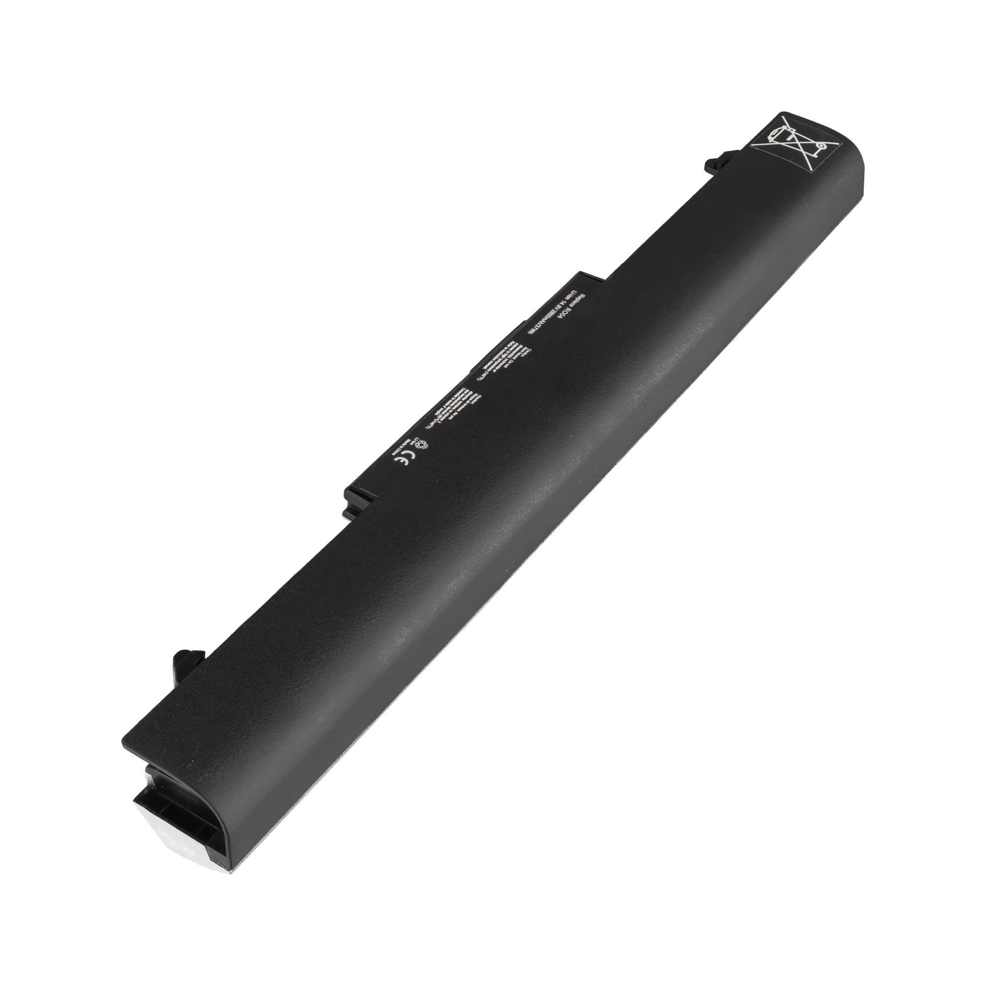 Schwarze Laptop-Batterie auf weißem Hintergrund gezeigt, mit länglicher rechteckiger Form und Steckerverbindung.