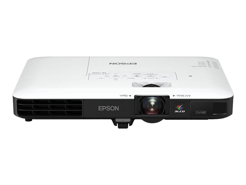 Vorderansicht eines weißen Epson-Projektors mit zentrierter Linse, Lüftungsöffnungen und Bedienfeld oben.