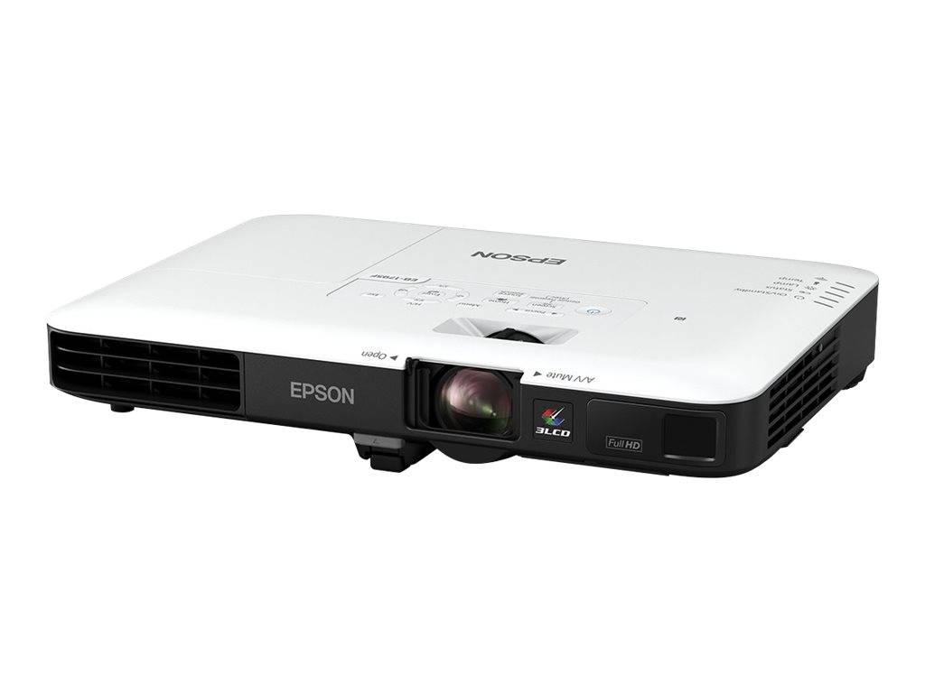 Weißer Epson-Projektor von vorne auf einem einfachen Hintergrund dargestellt, mit sichtbarem Objektiv und Lüftungsöffnungen.