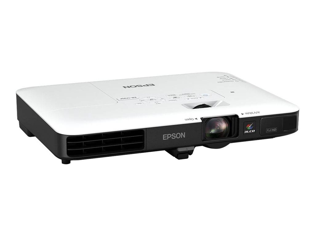 Weißer Epson-Projektor, von vorne links auf einfachem Hintergrund gezeigt.