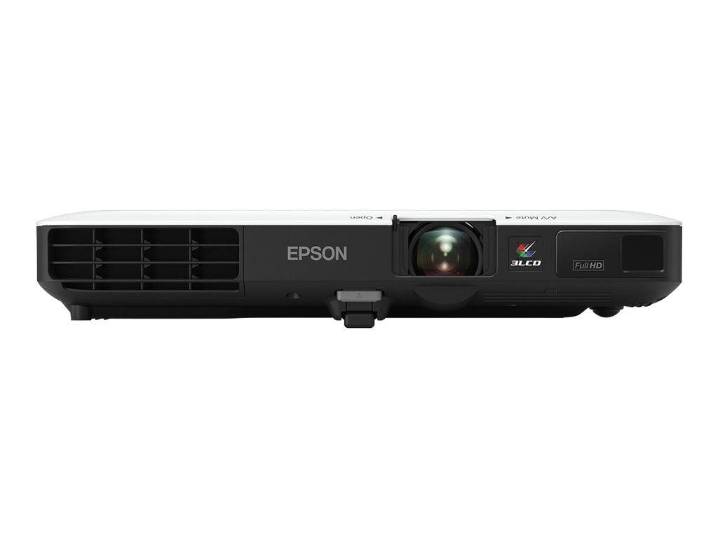 Vorderansicht eines schwarzen Epson-Projektors mit zentriertem Objektiv und Lüftungsöffnungen auf der linken Seite, vor weißem Hintergrund.