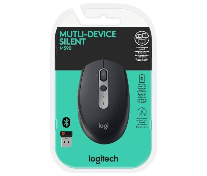 Verpackung der Logitech M590 Multi-Device Silent Maus, die eine schwarze drahtlose Maus mit Scrollrad und Bluetooth-Funktionssymbol zeigt.
