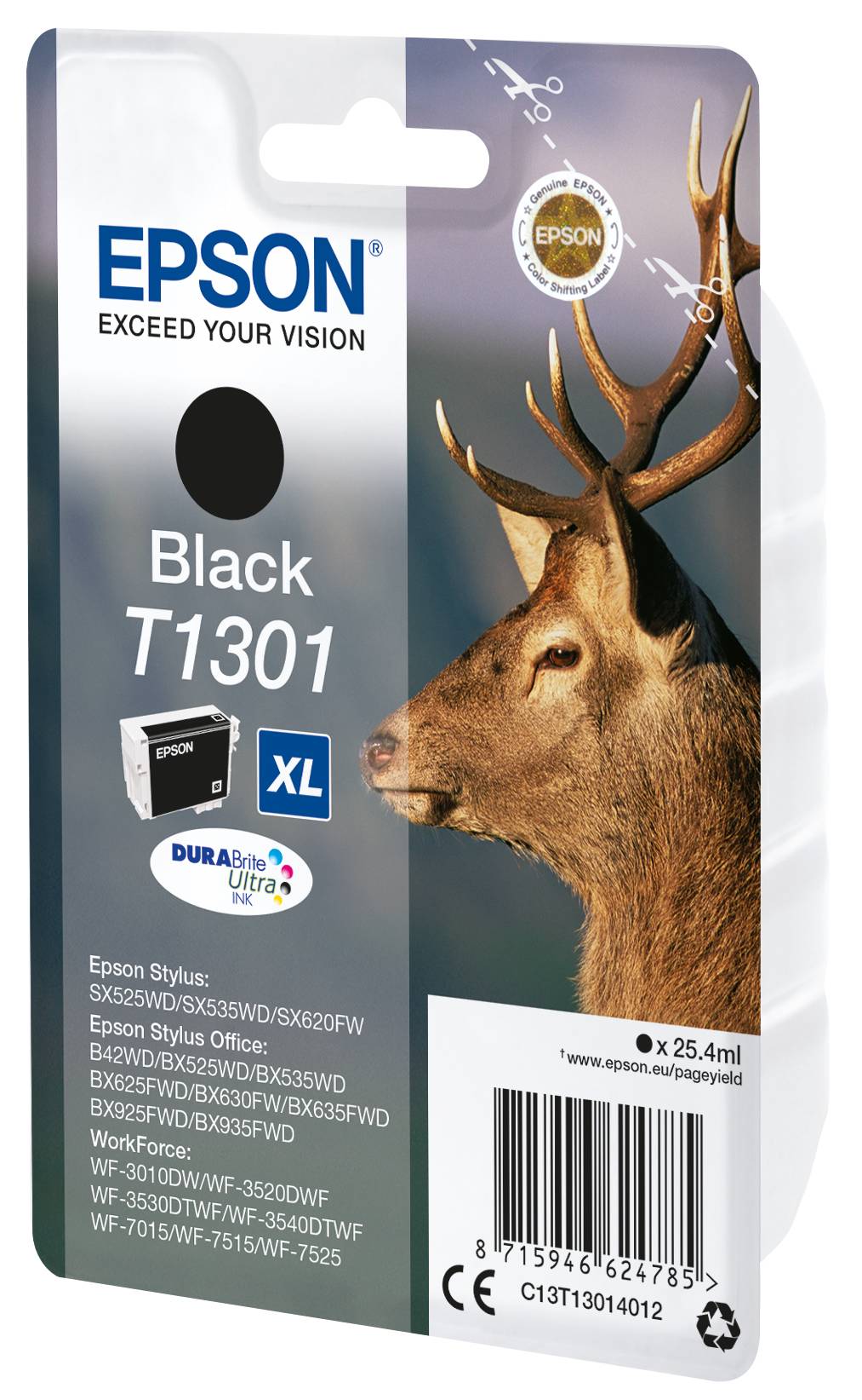 Epson Schwarz T1301 XL Tintenpatrone mit Hirschbild auf der Verpackung, zeigt Patronenkompatibilität und einen Strichcode.