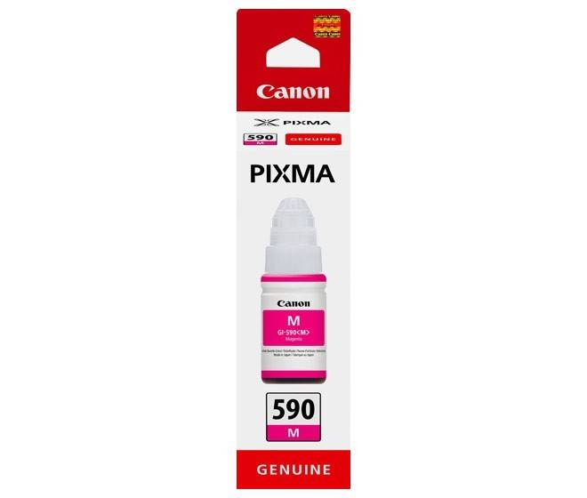 Canon PIXMA Tintenflasche für Drucker, Modell GI-590M, Magenta-Farbe, originale Produktverpackung.