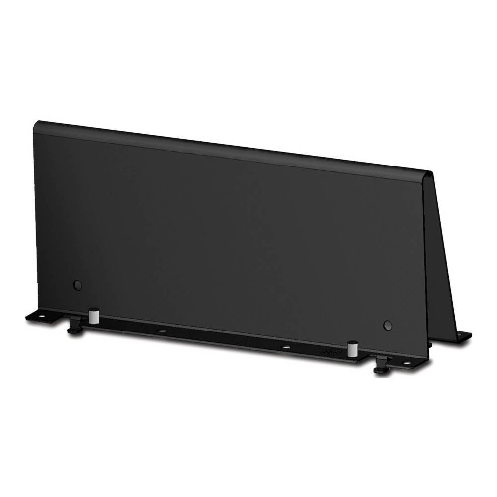 Schwarze freistehende rechteckige Metallwand oder ein Panel mit abgewinkelten Seitenstützen und Standfüßen auf weißem Hintergrund.