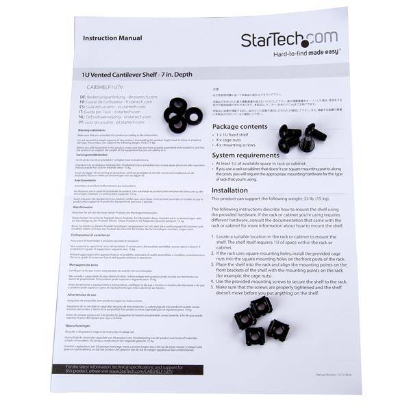 StarTech.com Belüfteter Server Rack Fachboden 1 HE - 175 mm Tief - Stahl - Rack - Regal - Schwarz - 1U - 17.8 cm (7"")