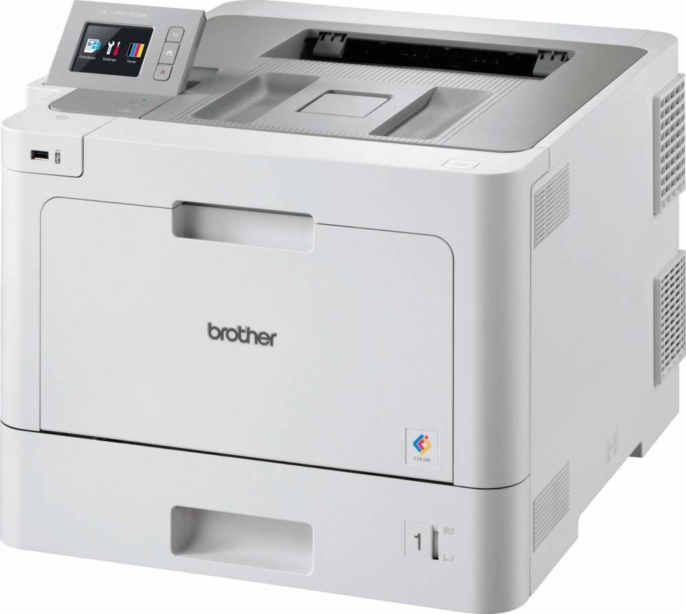 Ein weißer Brother Laserdrucker mit einer digitalen Anzeige oben links, mit dem Markenlogo prominent in der Mitte und Farbdruckfunktion.