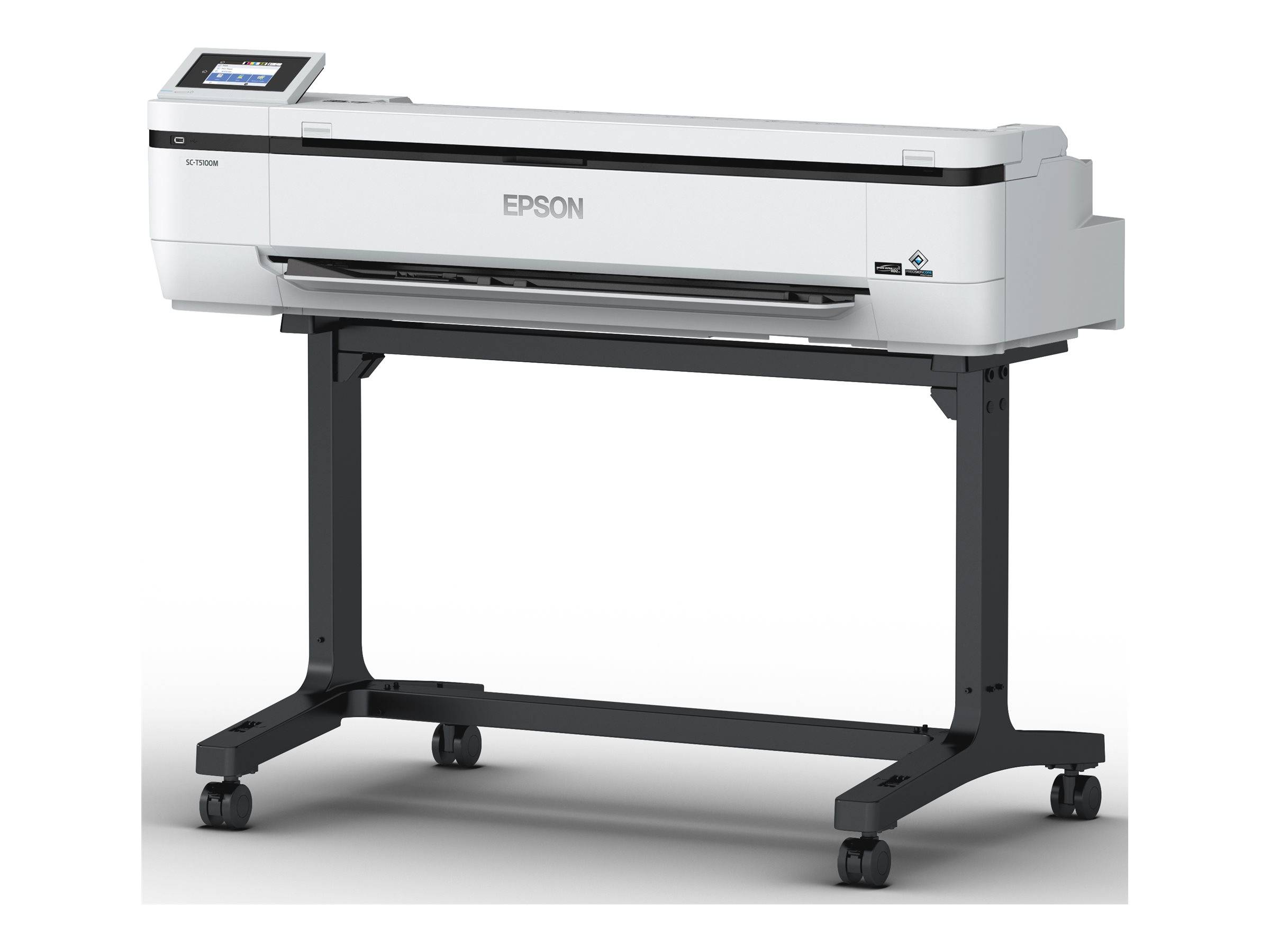 Weißer Epson Großformatdrucker auf einem fahrbaren Ständer, in Seitenansicht vor einem einfachen Hintergrund dargestellt.