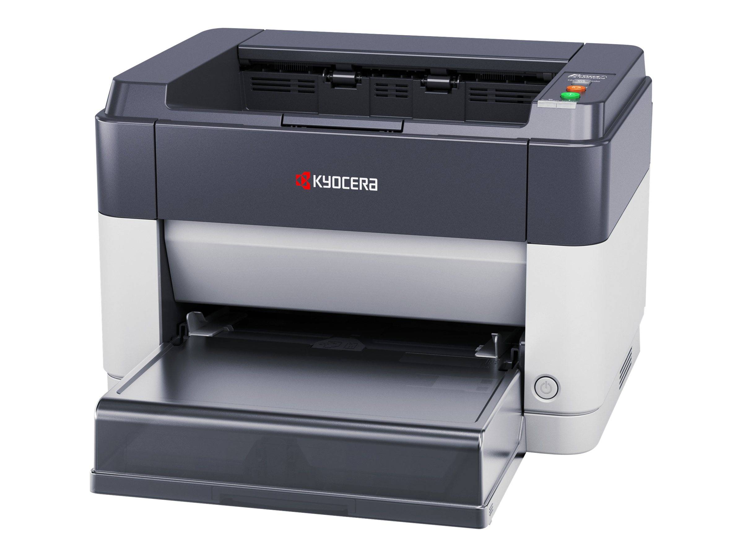 Kompakter Kyocera-Laserdrucker mit offener Papierkassette, dargestellt auf weißem Hintergrund.