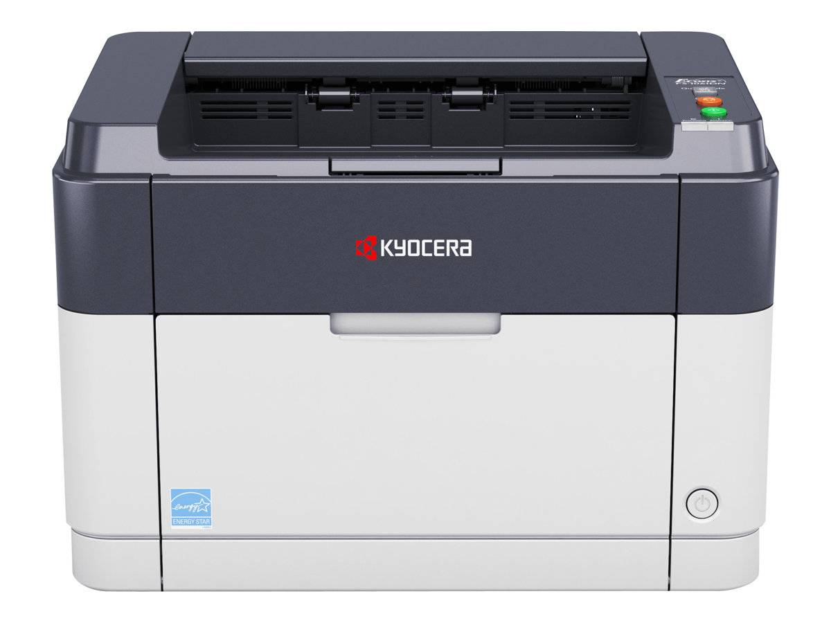 Vorderansicht eines Kyocera-Desktop-Laserdruckers mit oberer Papierzuführung und Steuertasten.