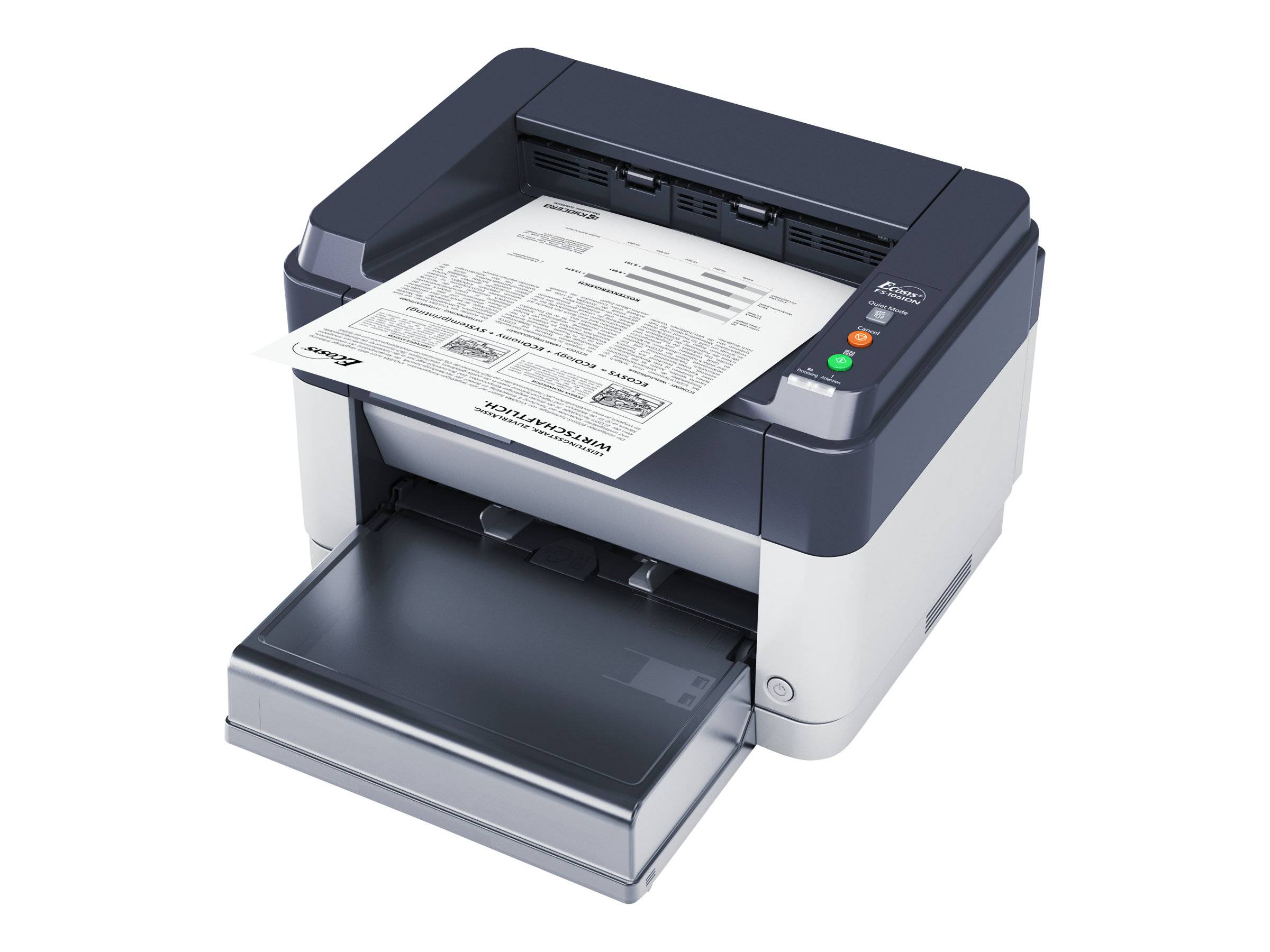 Tischdrucker, der ein bedrucktes Dokument in das offene Tablett an der Vorderseite ausgibt, mit Steuertasten auf der rechten Seite.