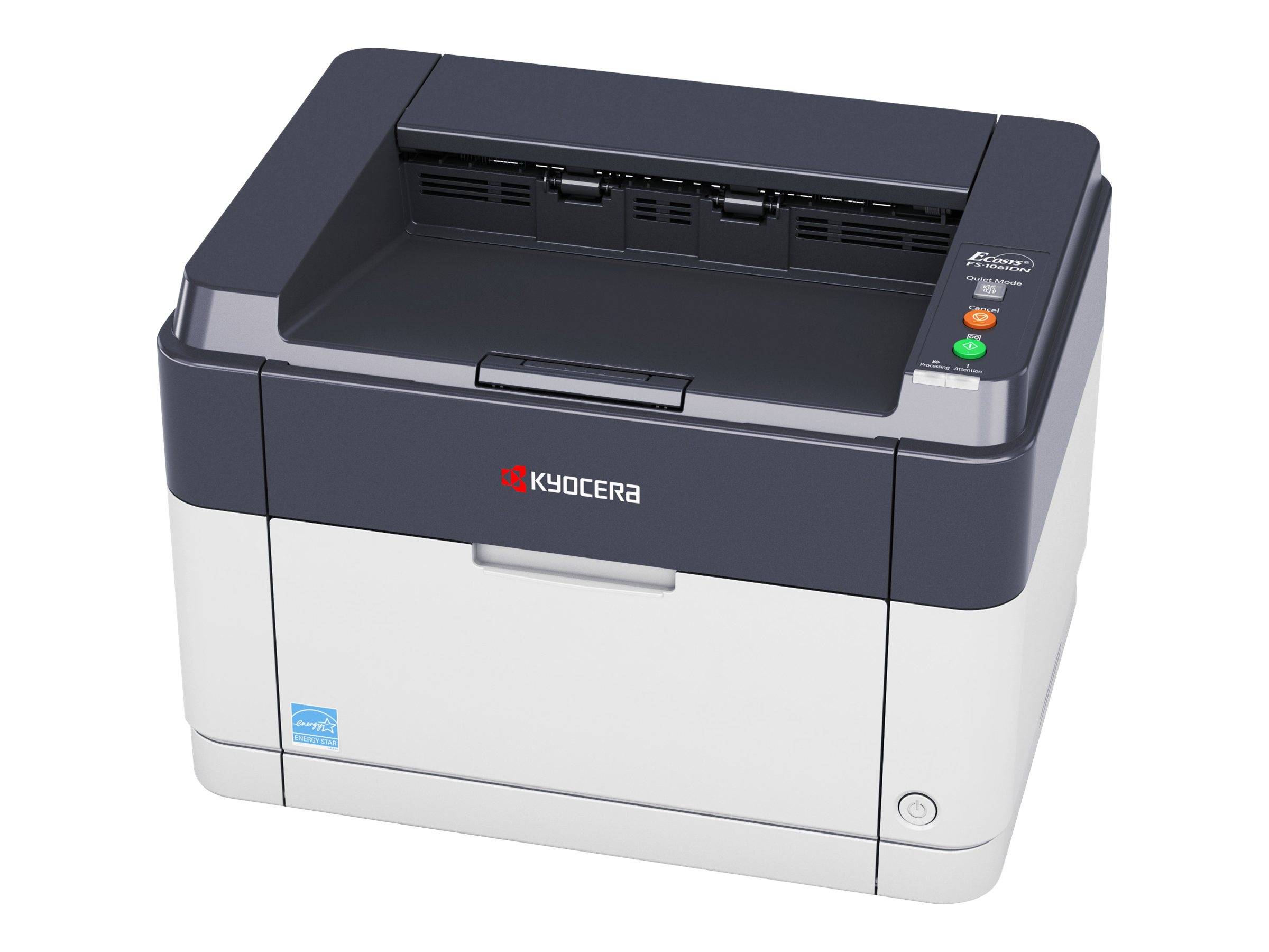 Ein kompakter Kyocera-Desktop-Laserdrucker, frontal dargestellt mit offener Papierausgabeschacht und Steuerungstasten auf der rechten Seite.