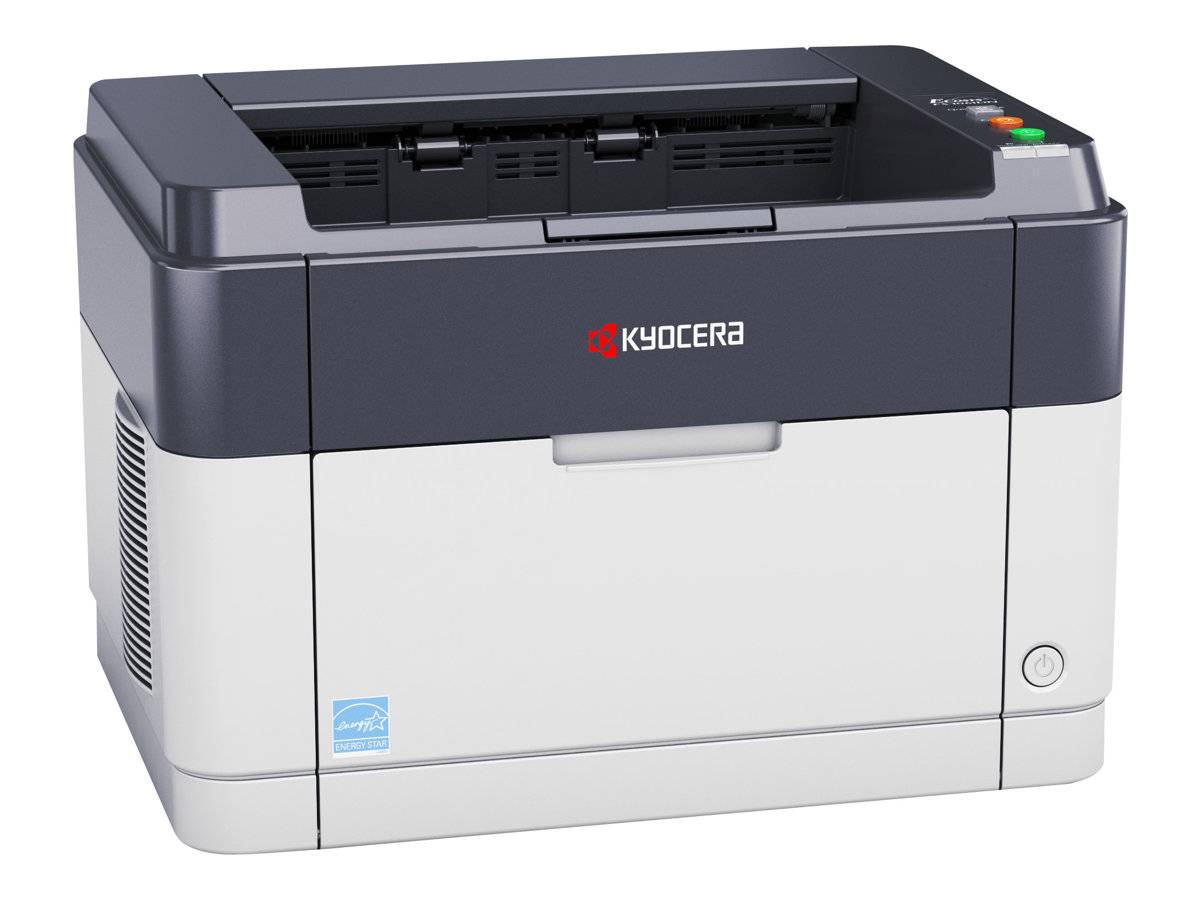 Frontansicht eines Kyocera-Desktop-Lasers mit Papierausgabefach und Bedienungstasten oben.
