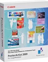 Canon PosterArtist 2009 Software-Box mit einer Collage von Postervorlagen und Designbeispielen für einfache Foto- und Grafikplakaterstellung.