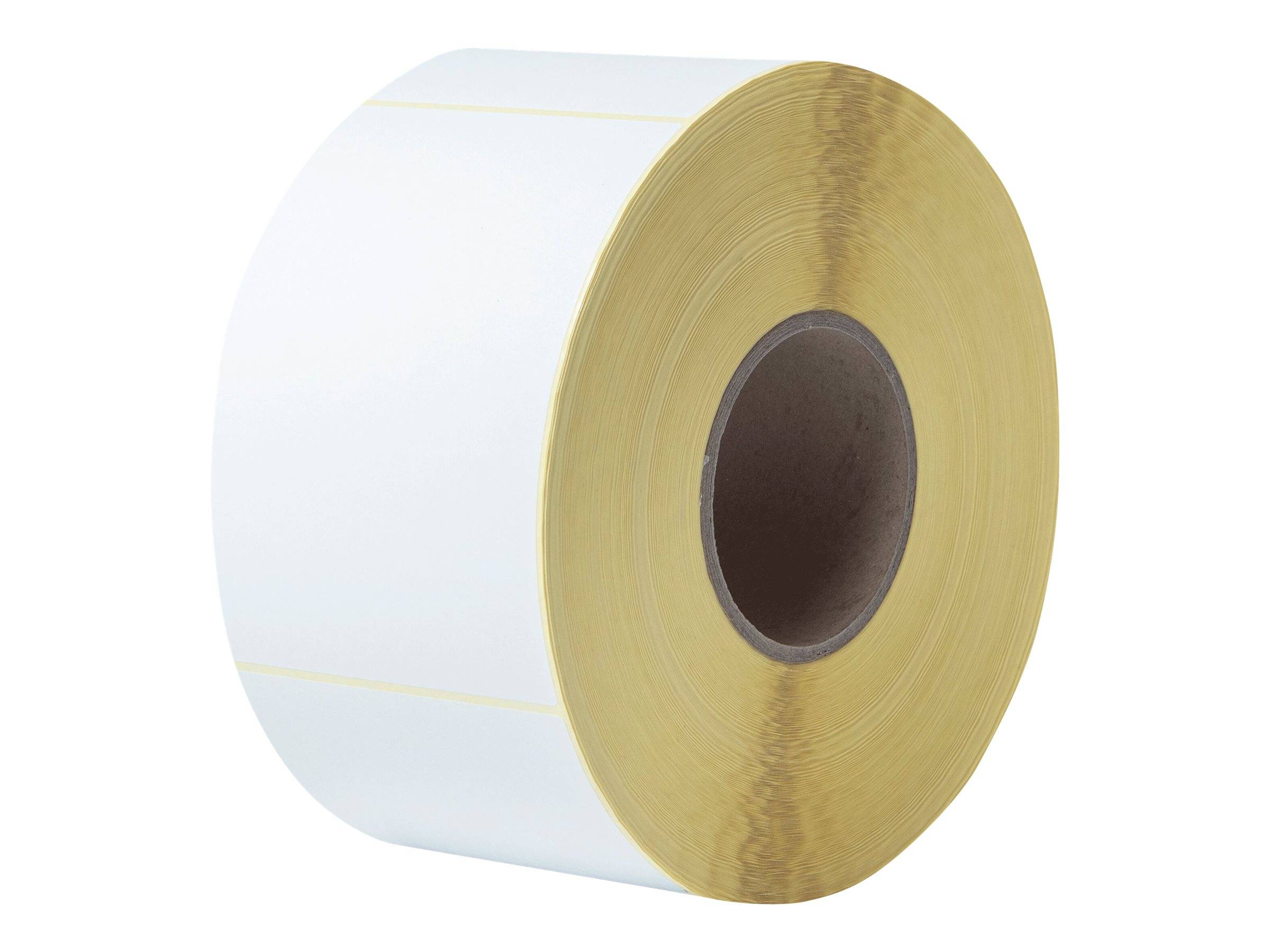 Große Rolle weißer Klebeetiketten mit einem goldenen Innenkern auf einfachem Hintergrund