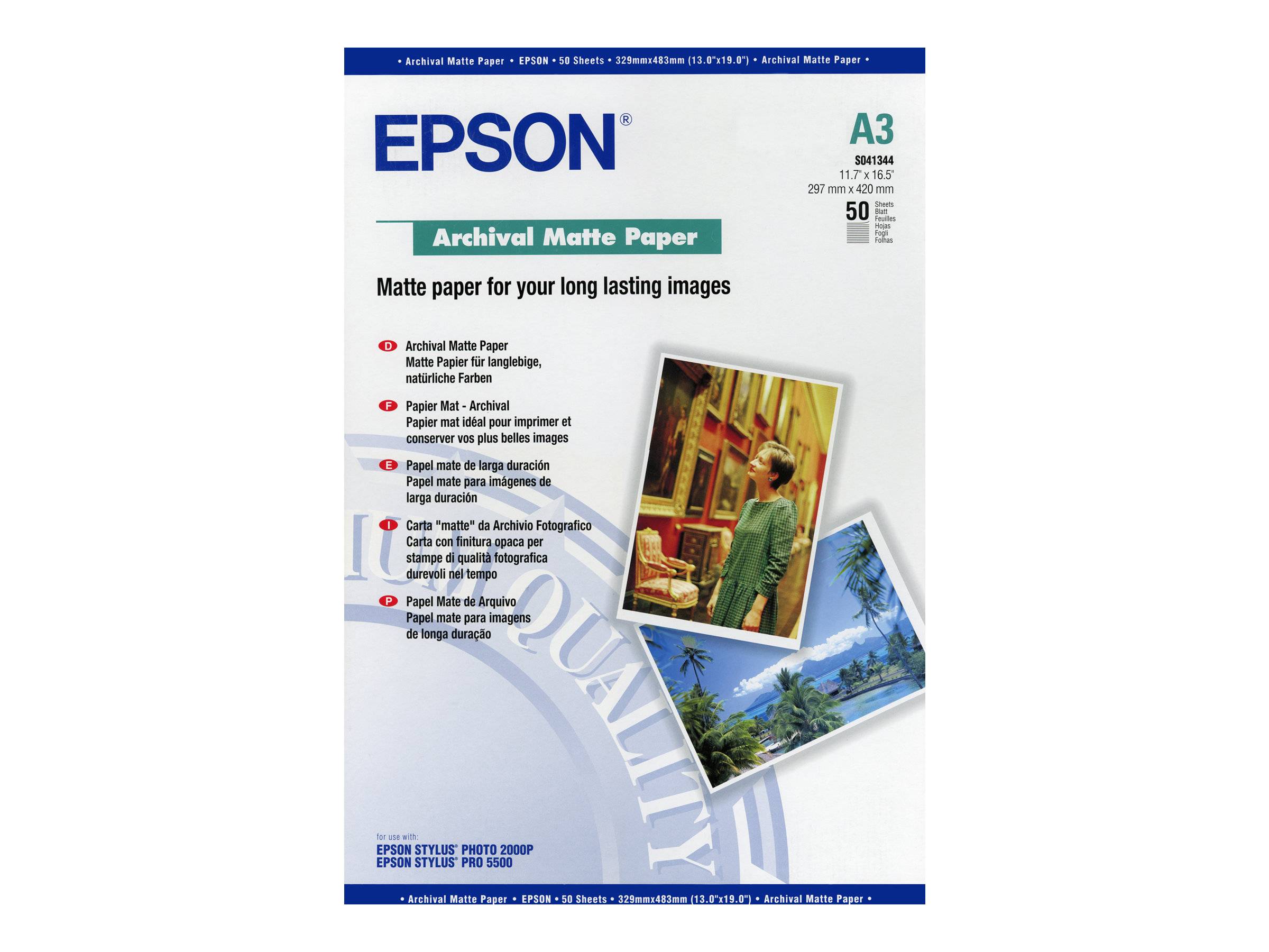 Epson Archivpapier Matt Packung für A3-Tintenstrahldruck, mit der Aufschrift „Mattes Papier für Ihre lang haltbaren Bilder