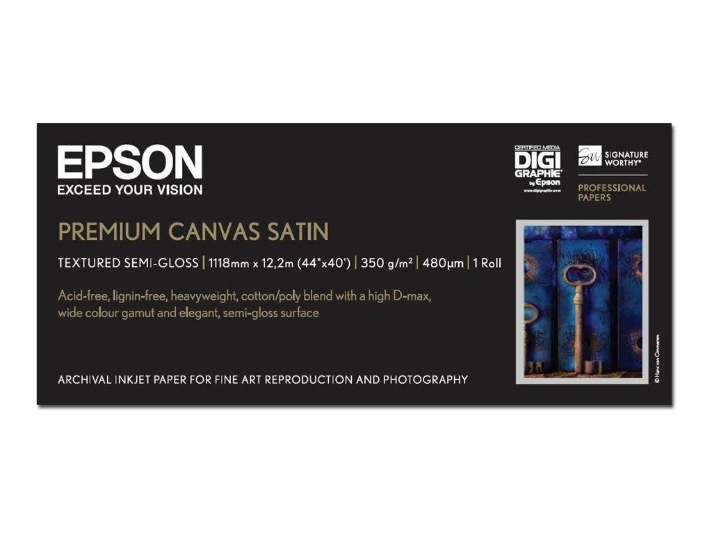 Epson Premium Canvas Satin Tintenstrahldrucker-Papierverpackung mit Produktname, Größe 1118 mm x 1,2 m und Vorschau von Beispielkunstwerk.