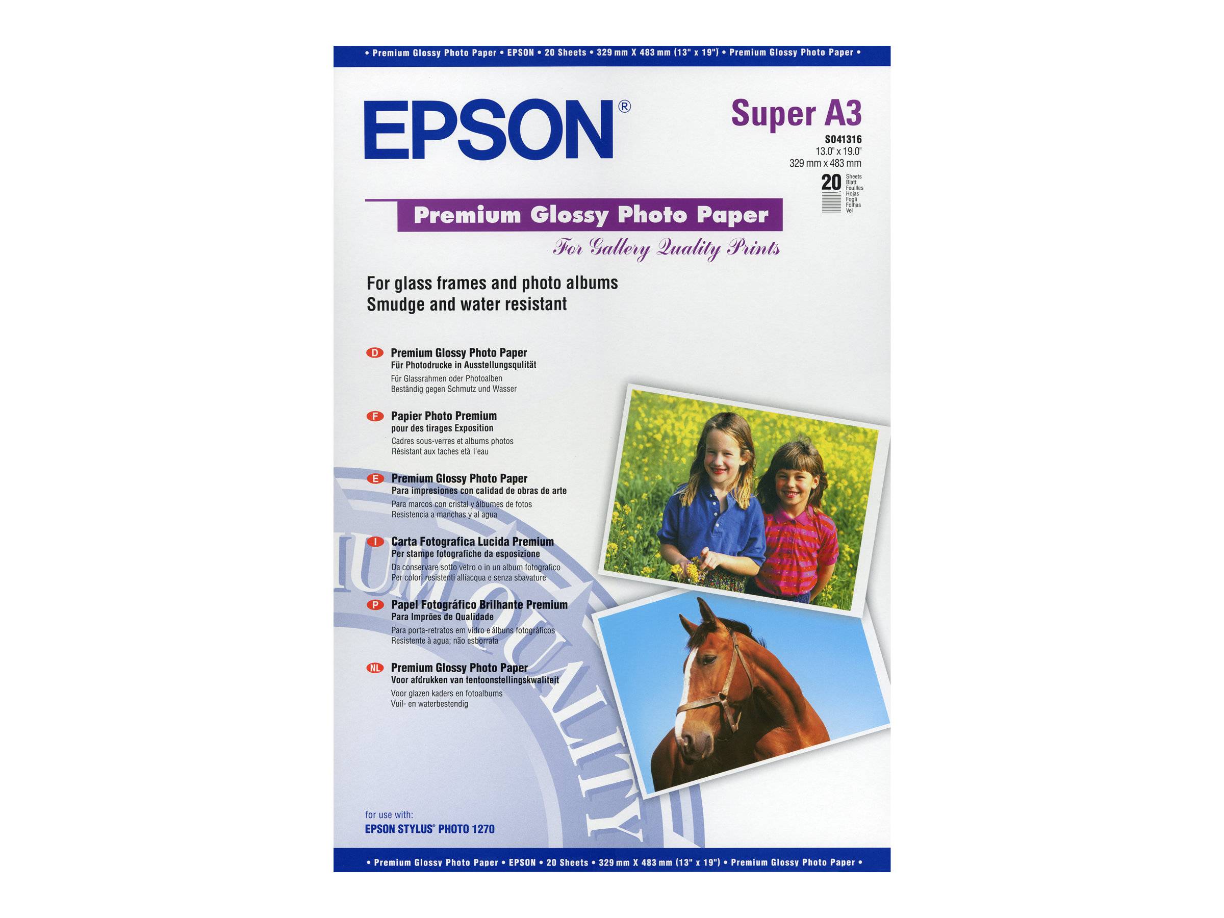 Epson Super A3 Premium Glanzfotopapier Verpackung mit Beispielfotos von Kindern und einem Pferd sowie Produktdetails und Qualitätsaussagen.