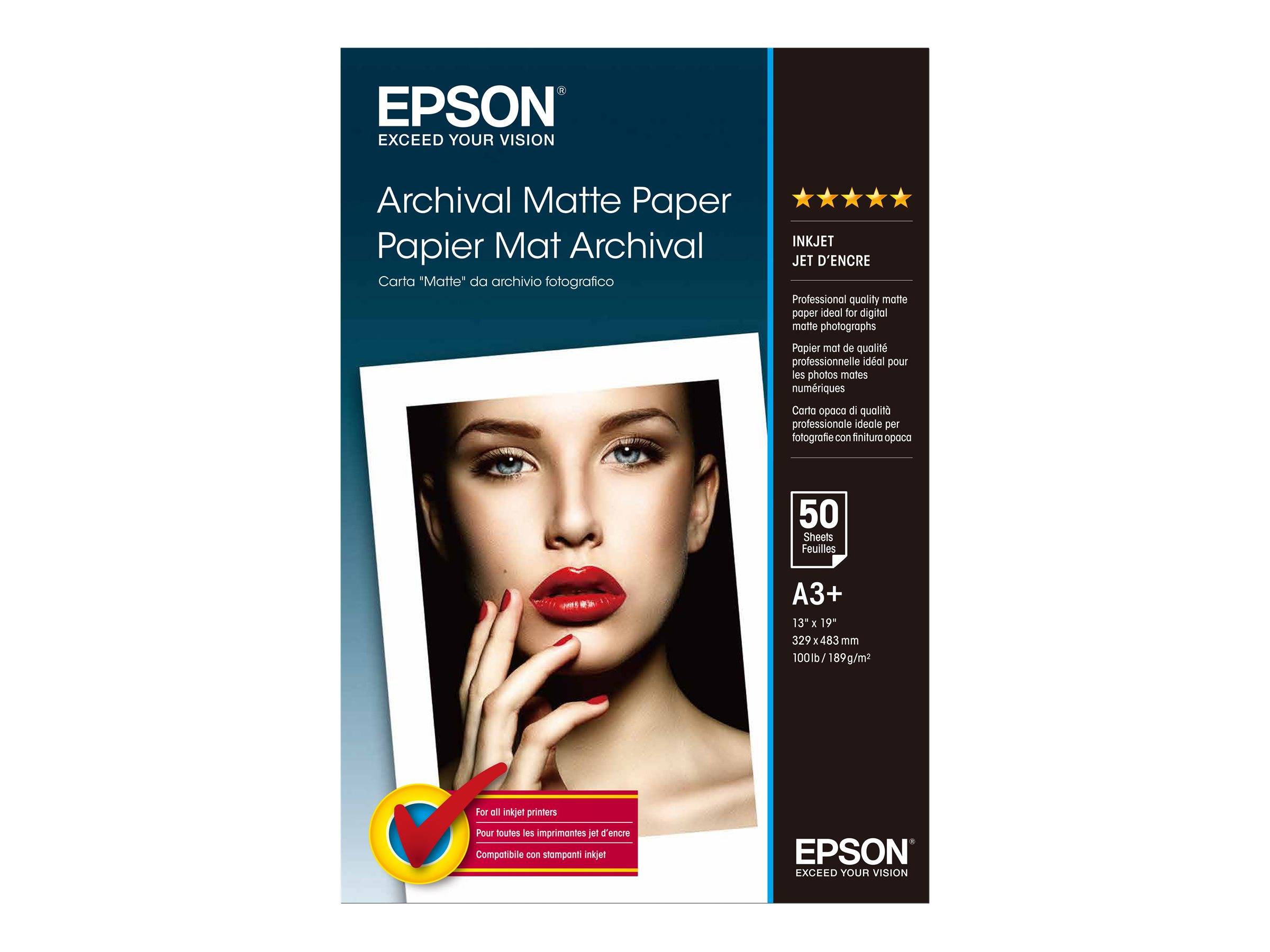 Epson Archival Matte Paper Verpackung mit einem Modellporträt-Muster, 50 Blatt, A3+ Format, und Premium-Archival-Matte-Druckpapier-Branding.