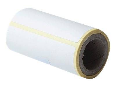 Weiße zylindrische Rolle aus reflektierendem Klebeband oder Wickelmaterial mit einem hellgelben Streifen auf weißem Hintergrund.