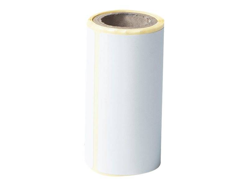 Eine weiße zylindrische Rolle aus Klebeetikett-Papier oder Thermopapier auf einfachem Hintergrund.