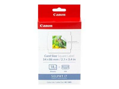 Canon SELPHY CP Farbtinte und Etikettensatz-Verpackung mit 18 Blatt kartengroßer quadratischer Etiketten 54 x 86 mm.