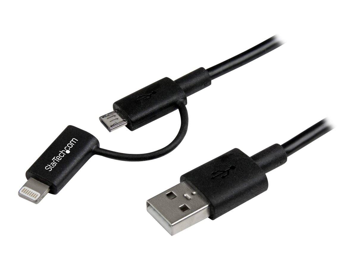 Schwarzes USB-zu-Lightning-Ladekabel mit einem kurzen Adapter, gezeigt auf weißem Hintergrund.